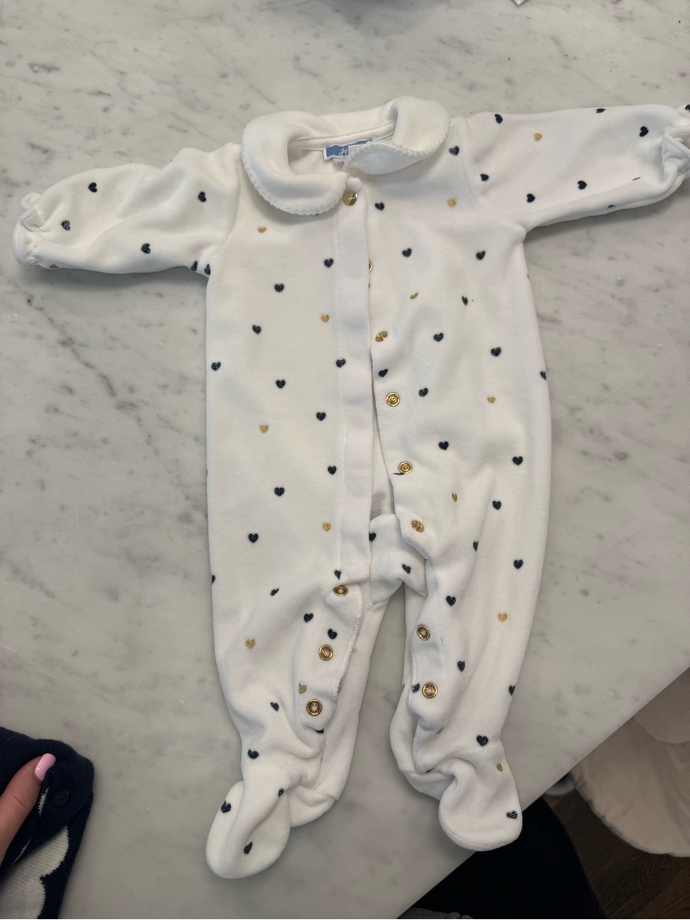 Jacadi White Velour Baby Footed One-Piece with Navy and Gold Hearts